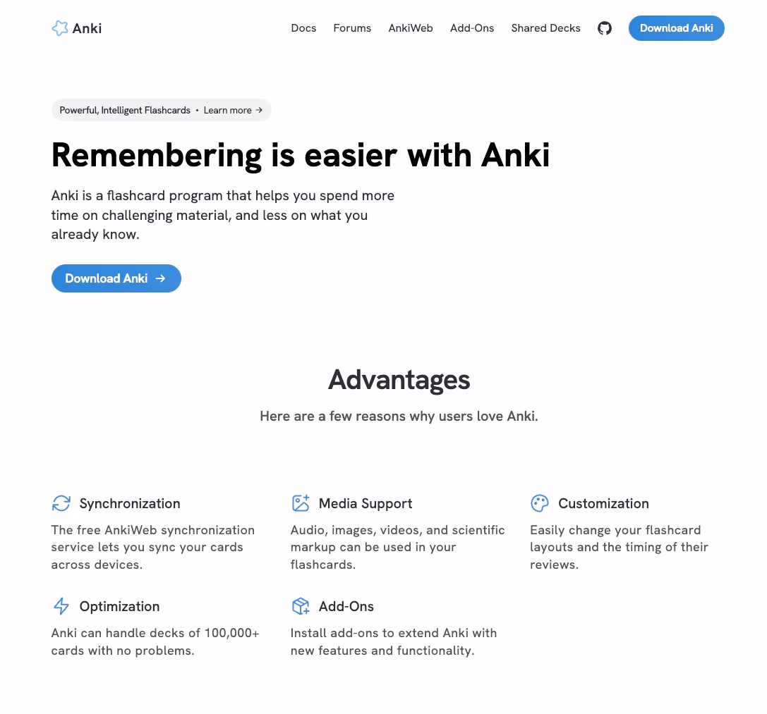 Anki Flashcard Website Page