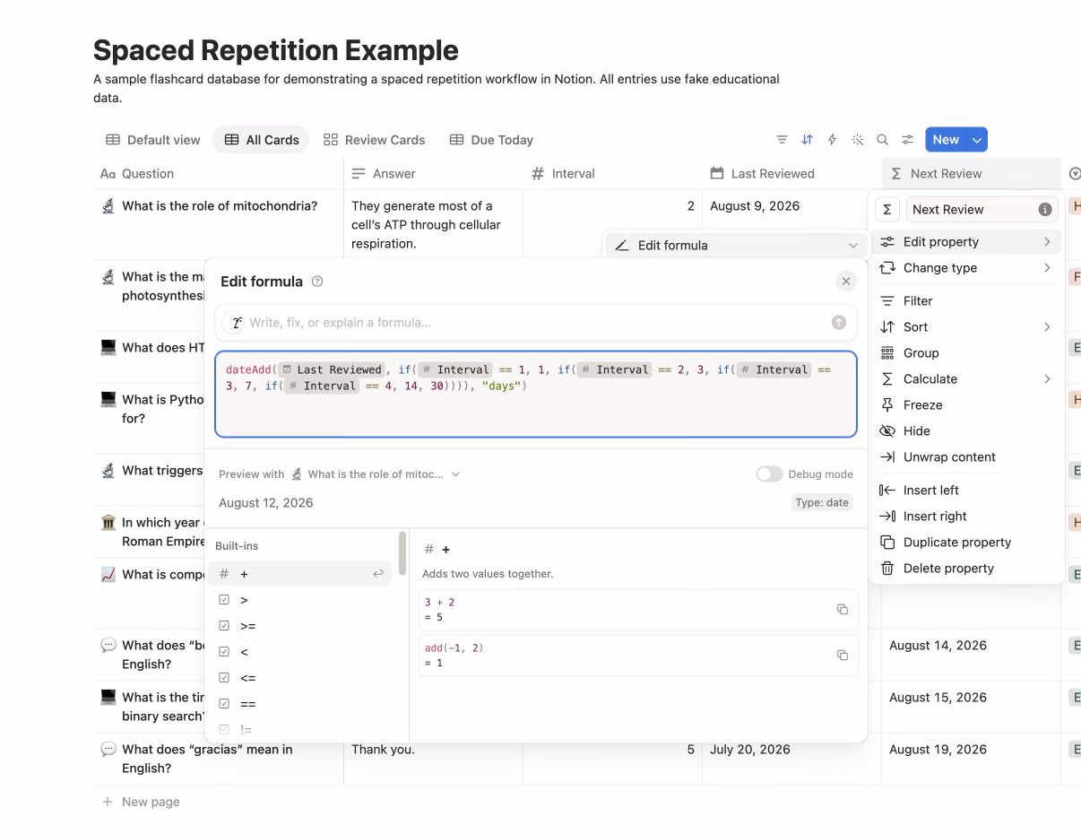 notion next review formula spaced repetition