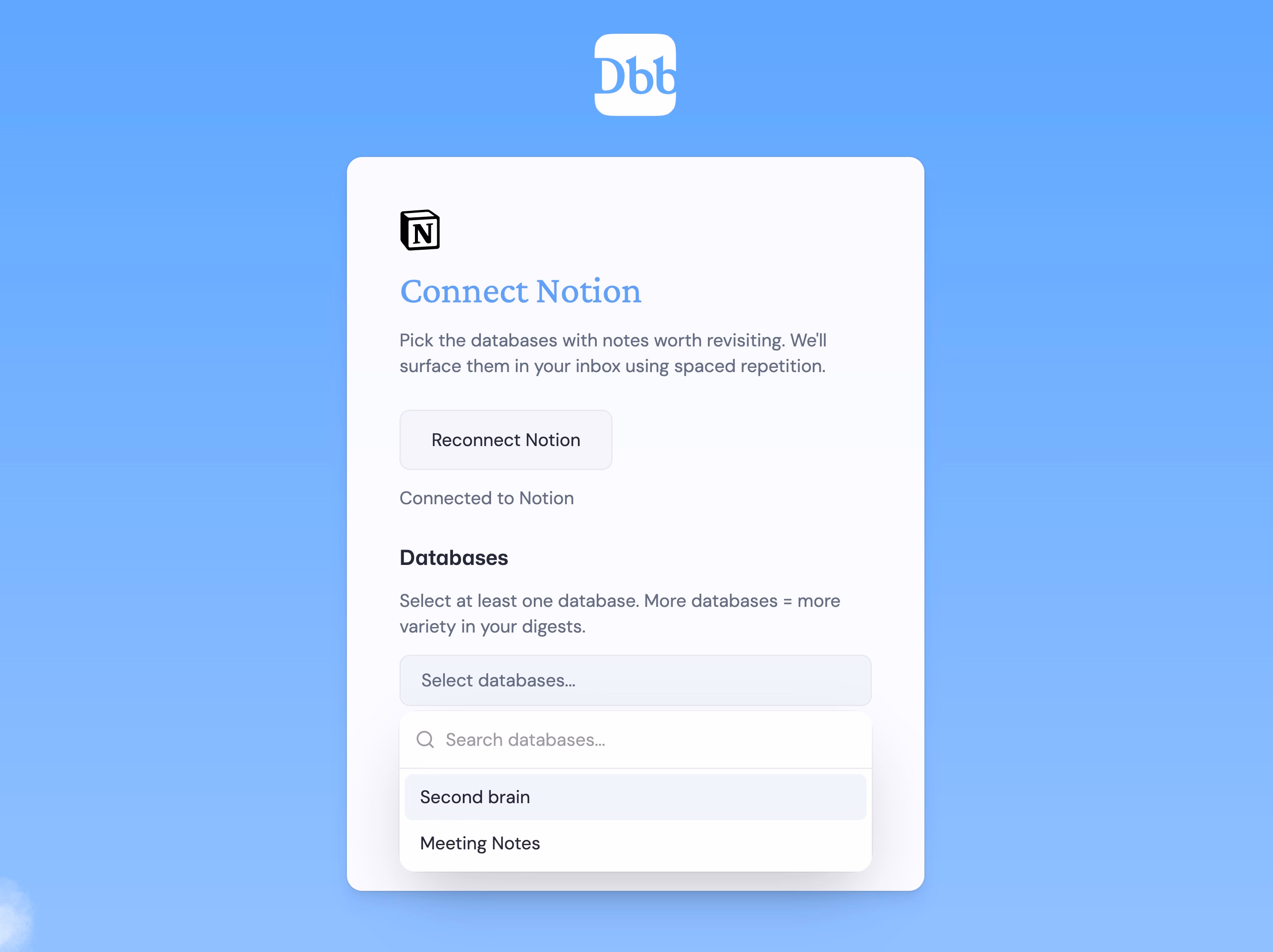 Daily Brain Bits modal for linking Notion databases.