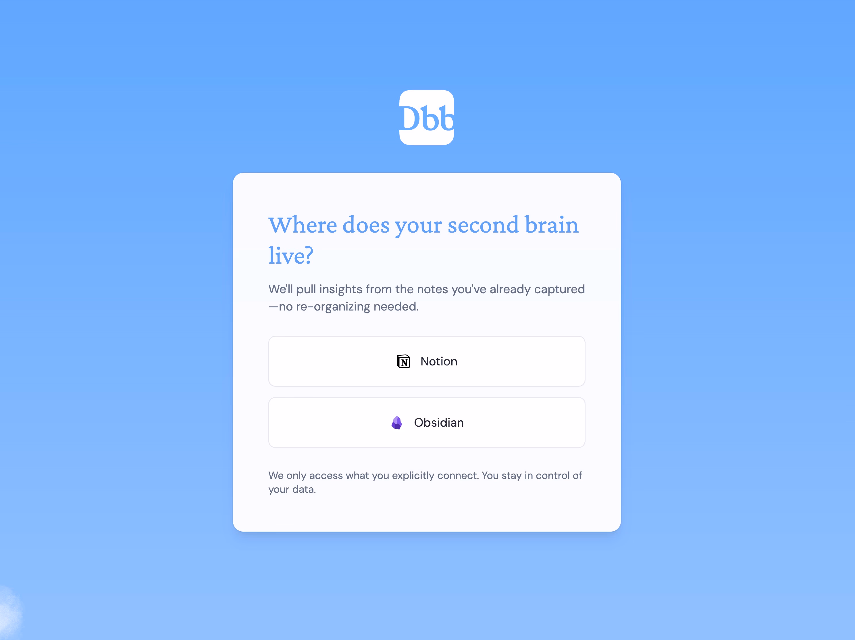Daily Brain Bits screen for selecting Notion as the note source.