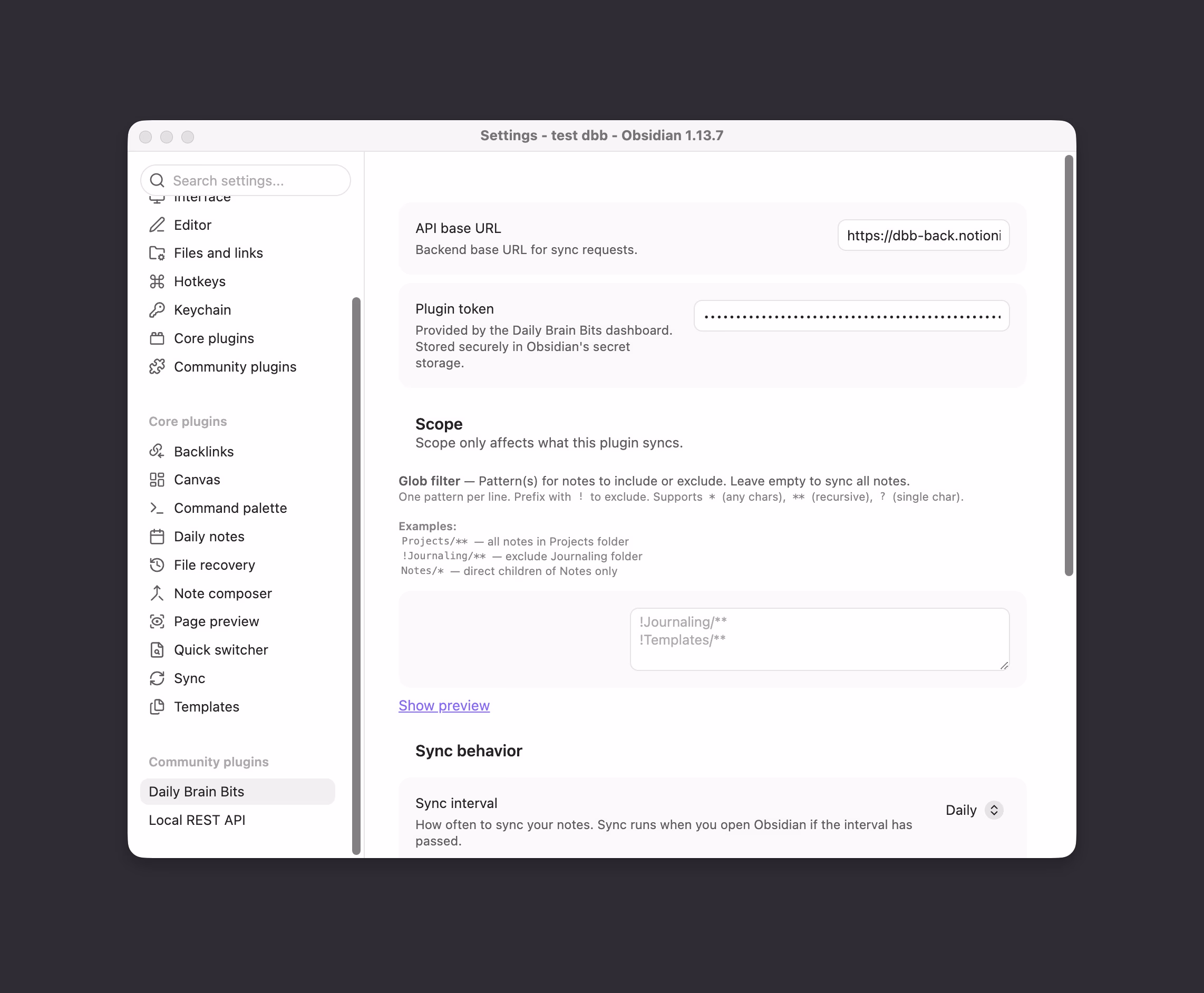 Daily Brain Bits Obsidian plugin settings